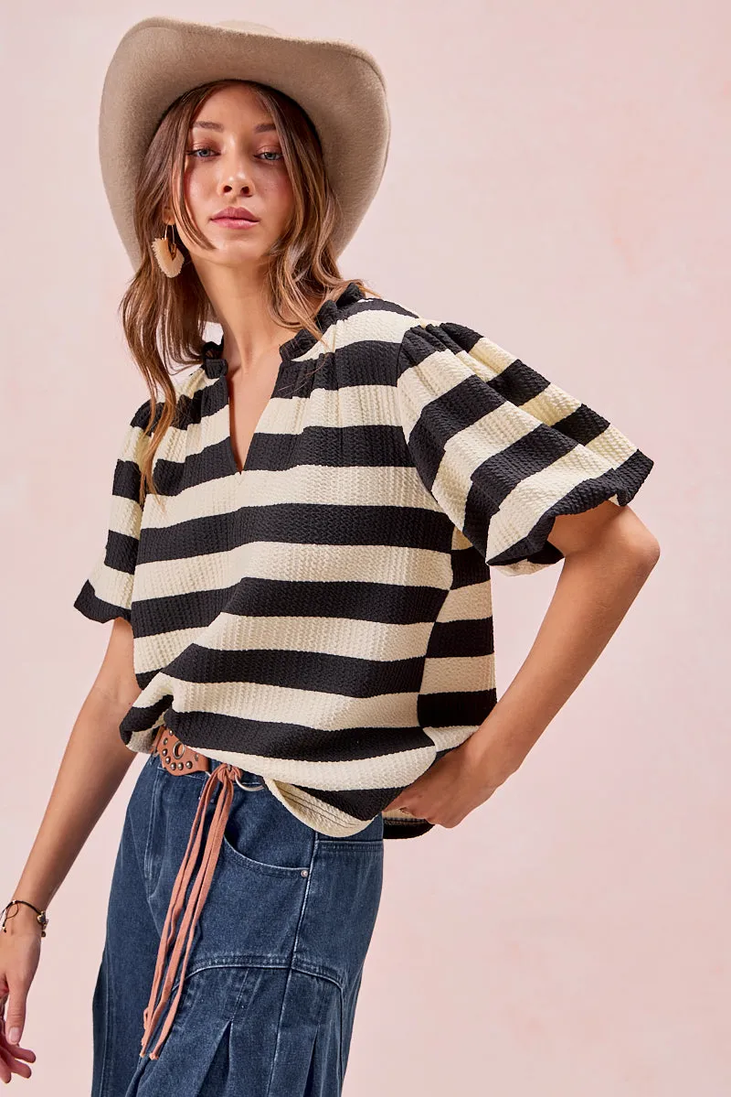 IT3435G-06P | STRIPES SHORT BALLOON SLEEVES RUFFLED V-NECK TOP Anti Pilling Surface Treatment