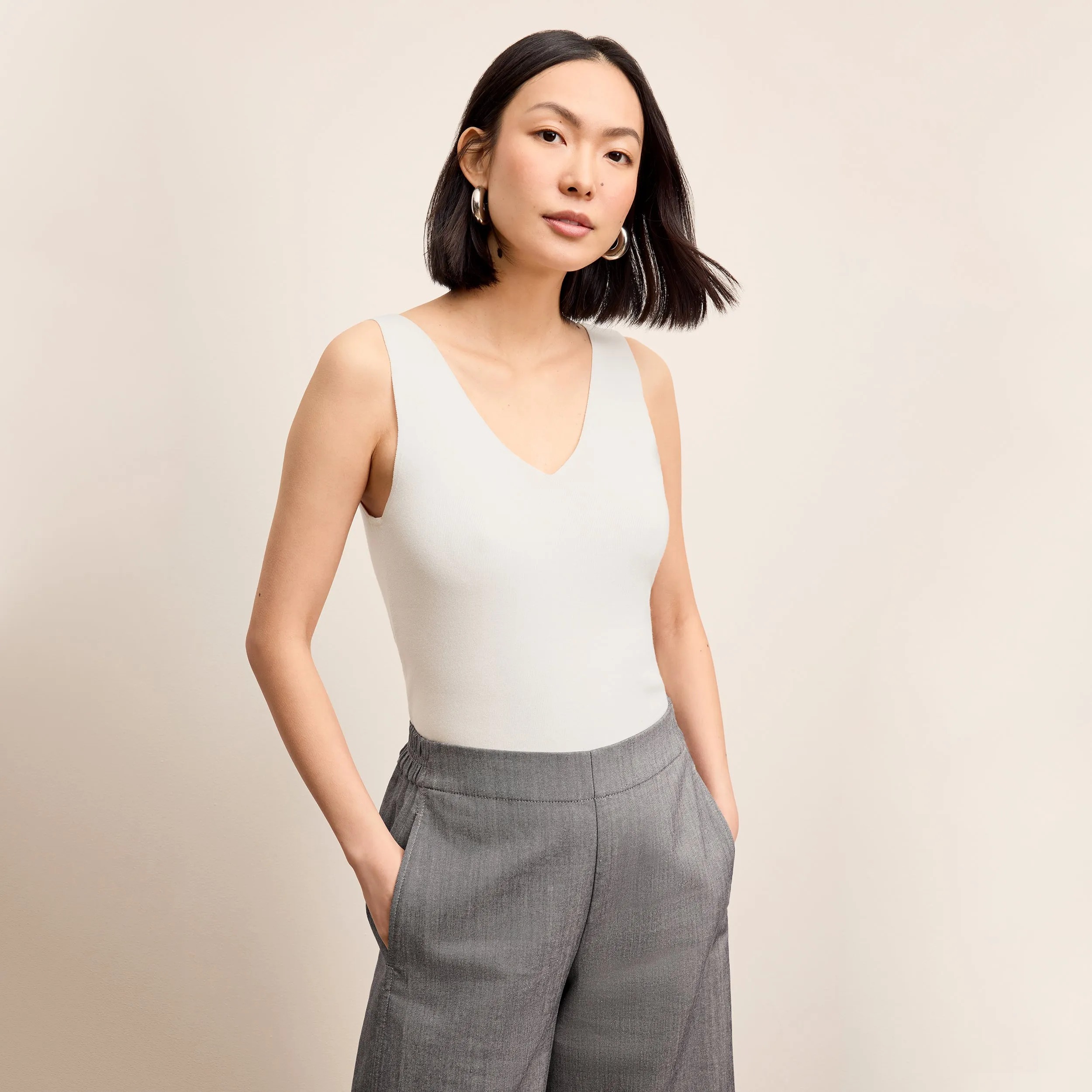 Peggy Top - Eco 365Knit :: Ivory Laser Cut Edges Layered Shoulder