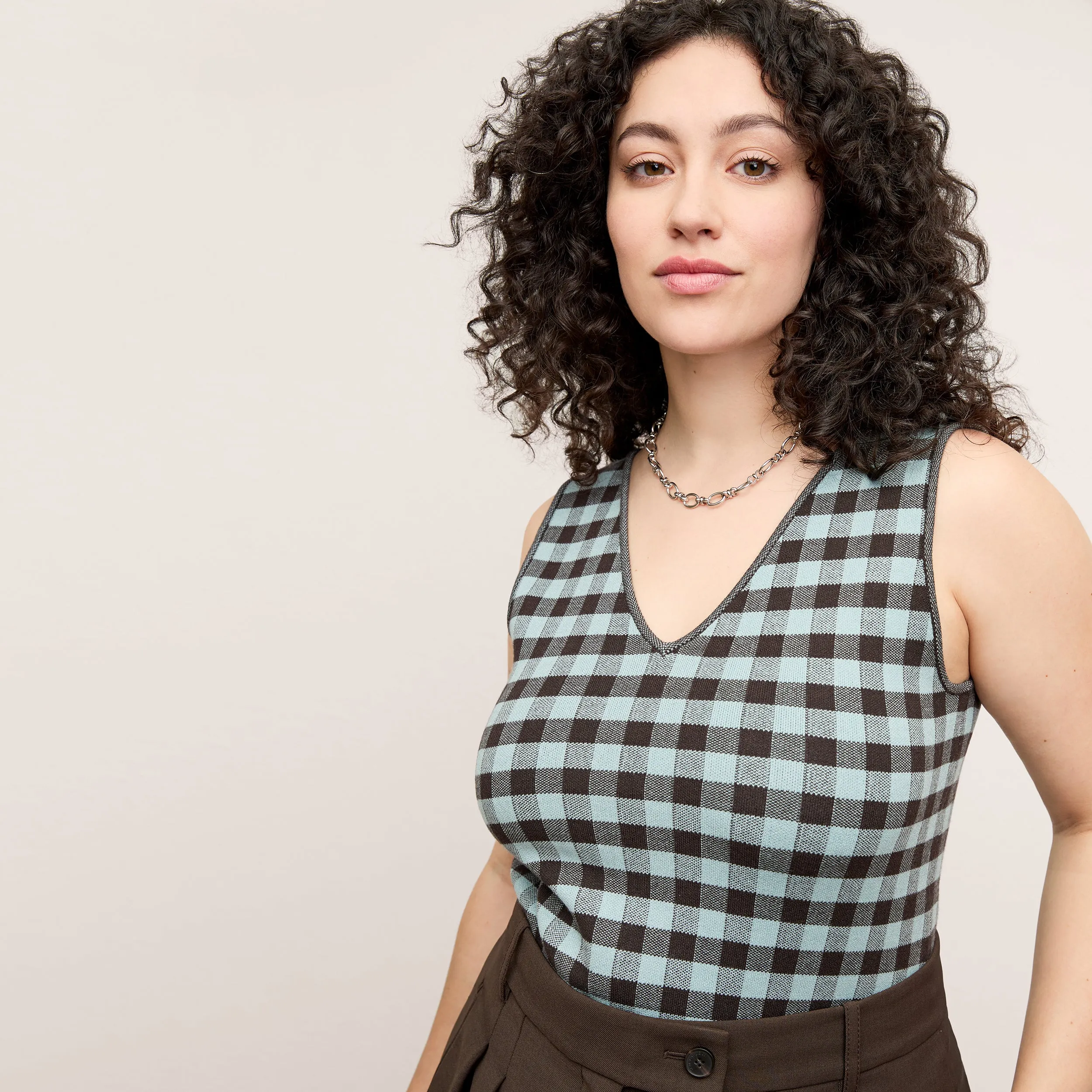 ConvertibleCollar Peggy Top - Eco 365Knit :: Picnic Check Fashionable Tank