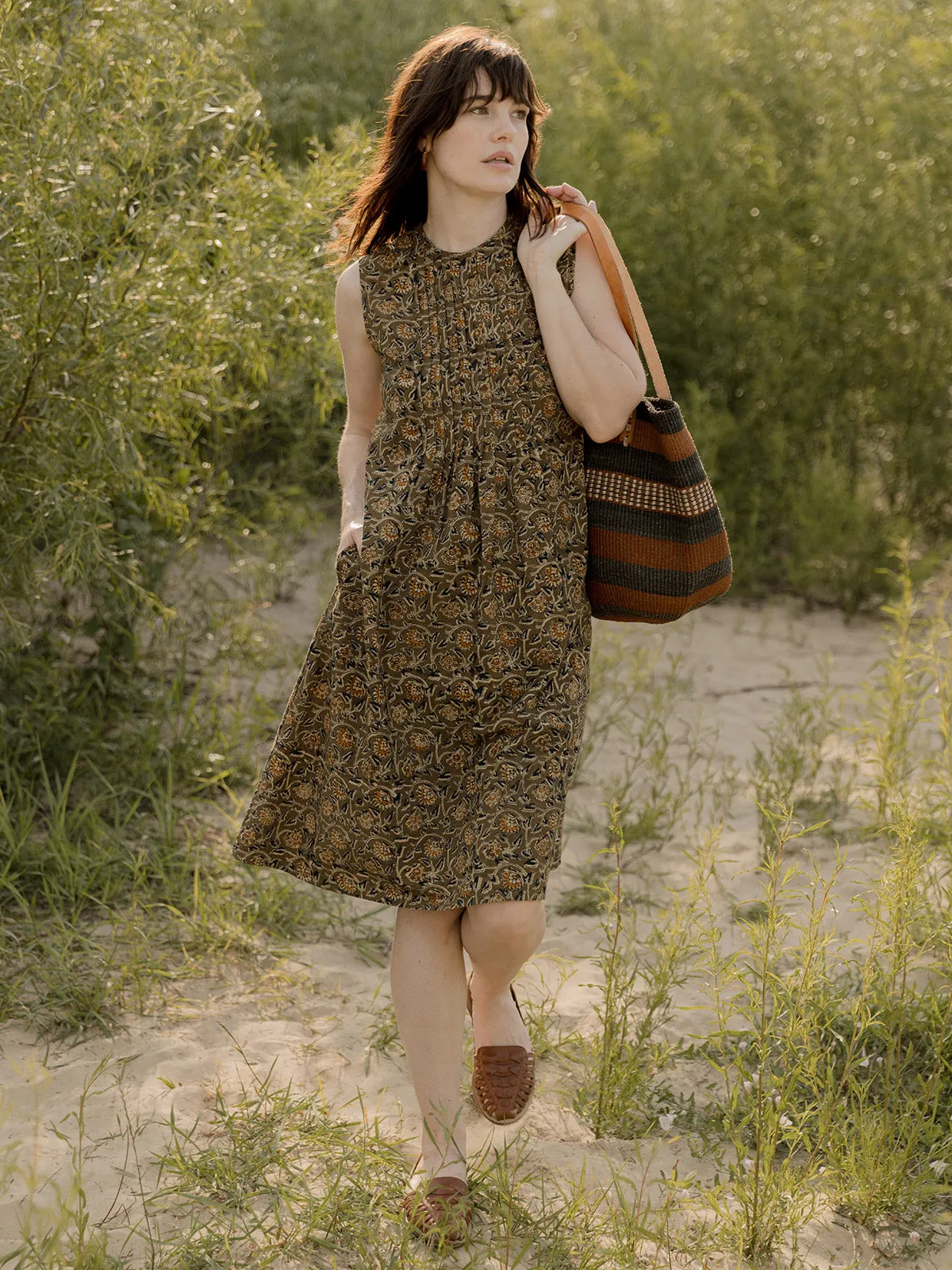 Quick Release Buttons Penny Pintucked Dress - Olive Kalamkari