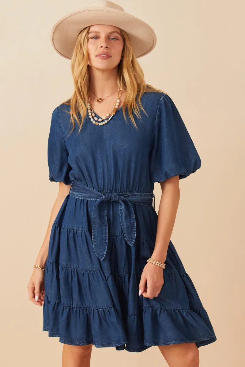 Denim Washed Belted V Neck Dress Cool Tone