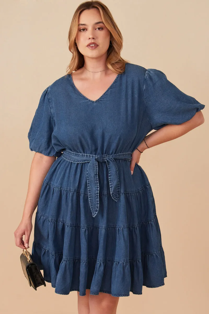 Denim Washed Belted V Neck Dress Calm Finish