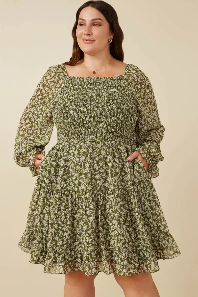 Smocked Floral Square Neck Mini Dress Practical work-to-play piece