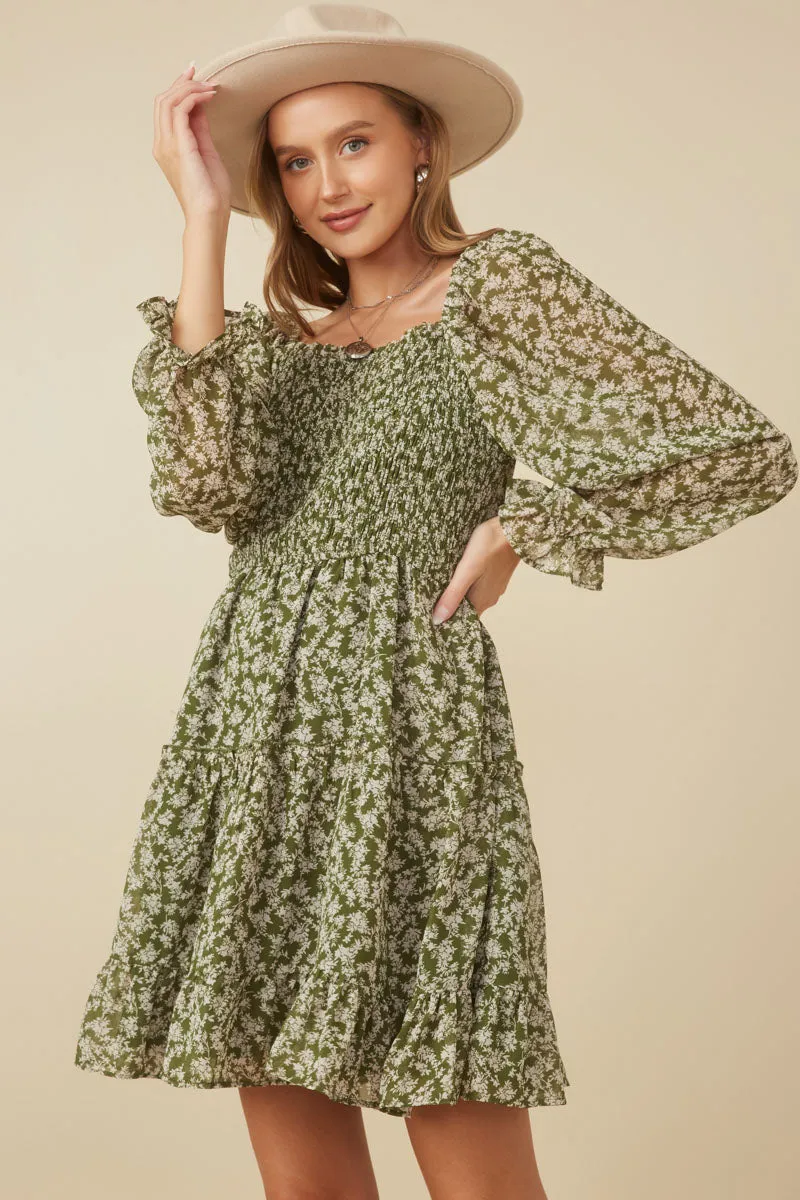 Smocked Floral Square Neck Mini Dress Reversible-Style Body Harmony