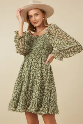 Smocked Floral Square Neck Mini Dress Night Party