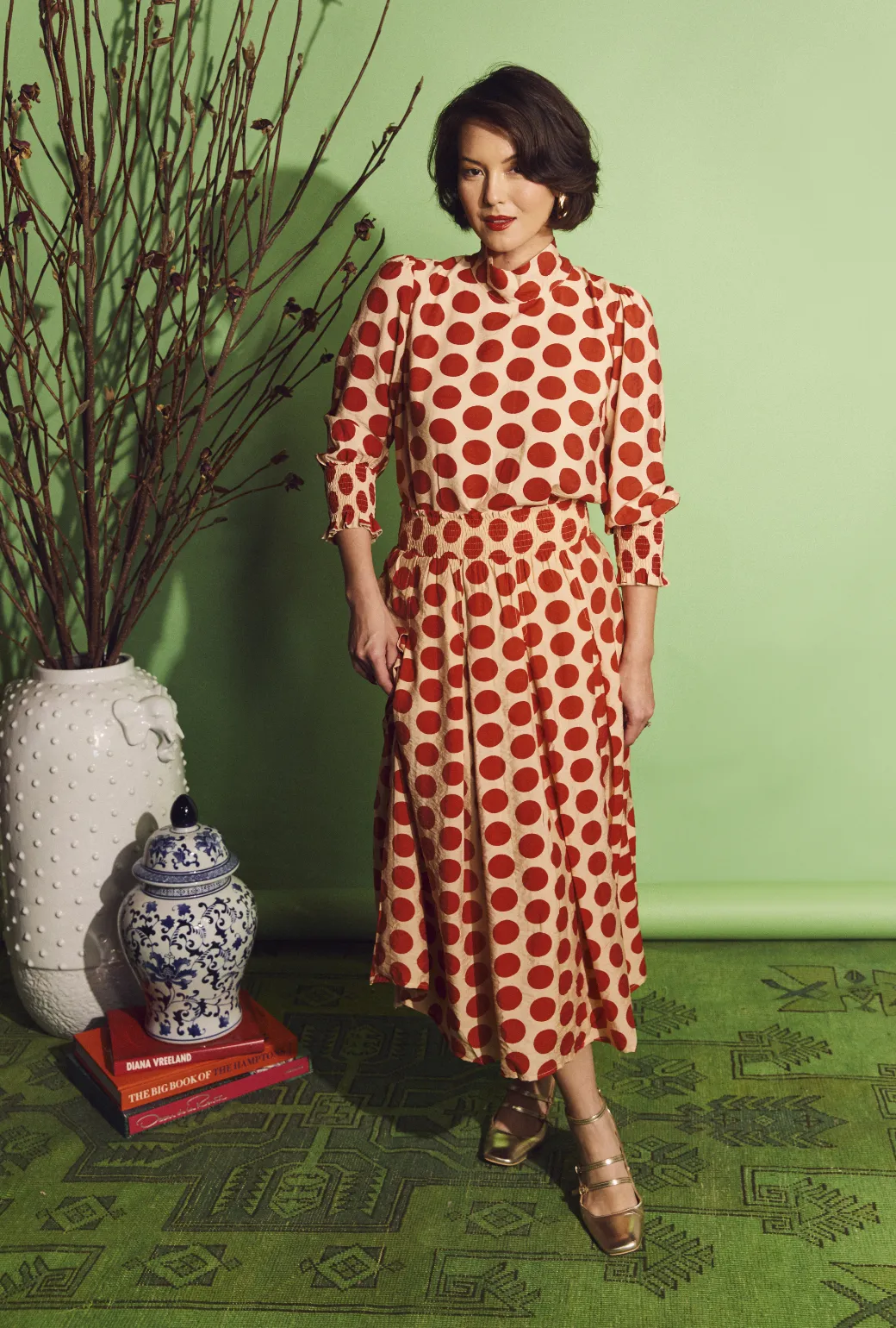 SAMPLE - Smocked Waist MIDI Skirt - Big Dot Roll-up style Non Bulk