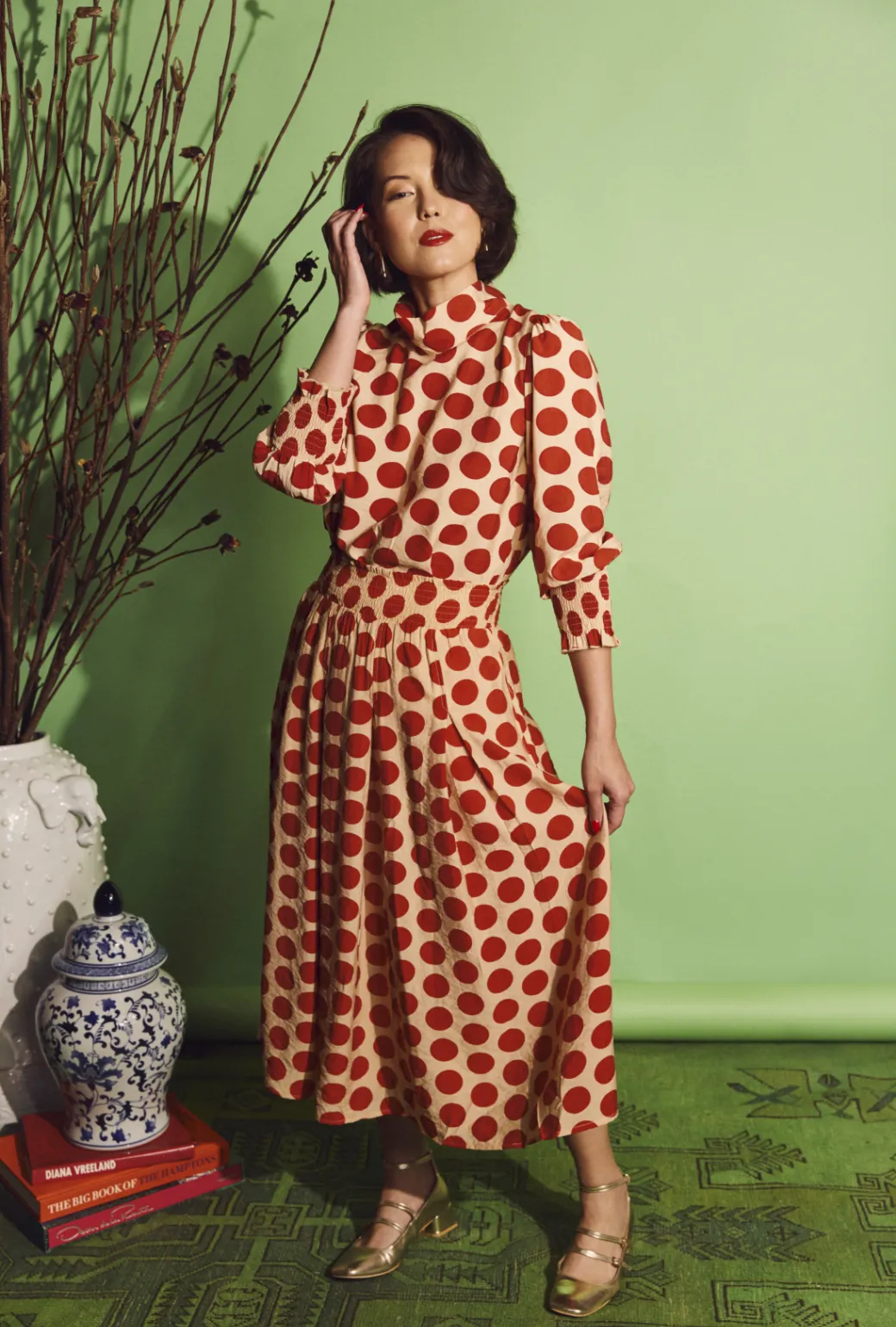 StaticResistantMaterial DoubleLayeredFabric SAMPLE - Smocked Waist MIDI Skirt - Big Dot