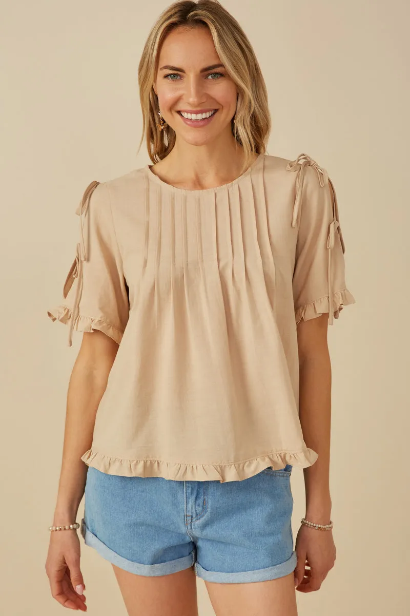 DoubleStitchedHem Pintuck Detail Open Sleeve Ruffled Top