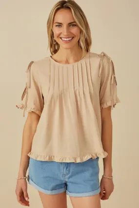DoubleStitchedHem Pintuck Detail Open Sleeve Ruffled Top