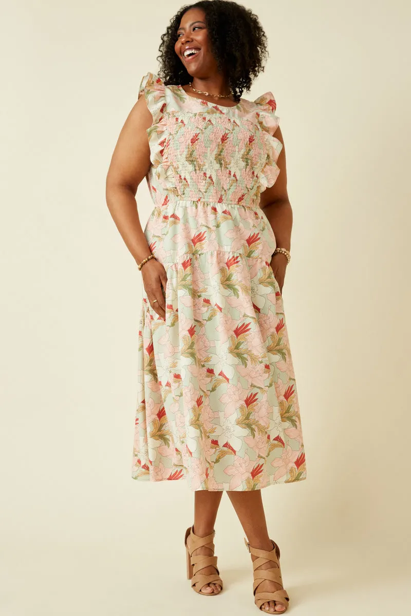 Air Comfort warm tones Floral Smocked Panel Ruffle Detail Dress