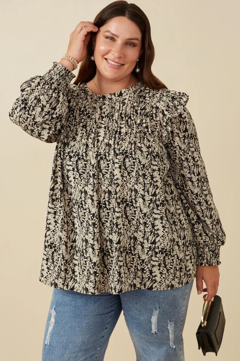 Multi Directional Mobility Antistatic Pleat Detail Ruffle Shoulder Botanical Top