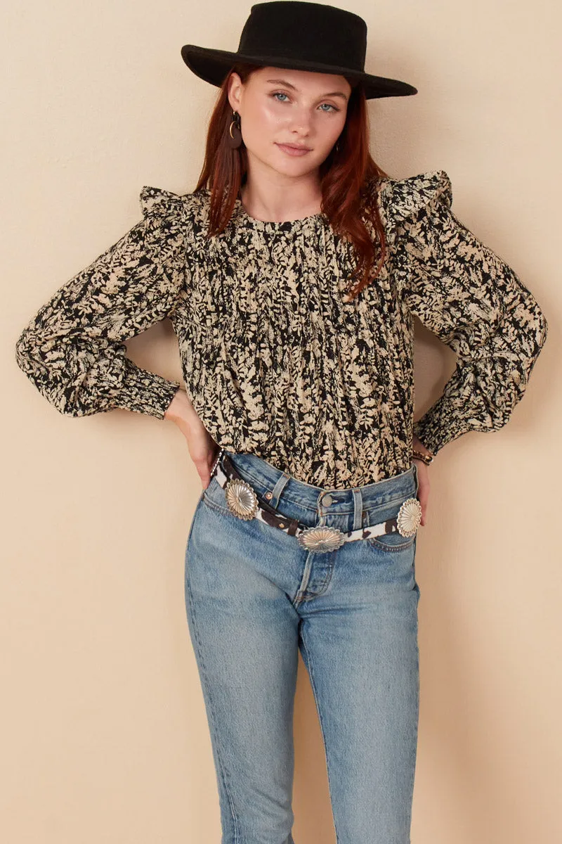 DoubleStitched Construction Pleat Detail Ruffle Shoulder Botanical Top