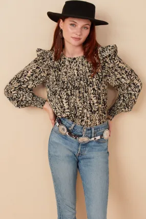 DoubleStitched Construction Pleat Detail Ruffle Shoulder Botanical Top