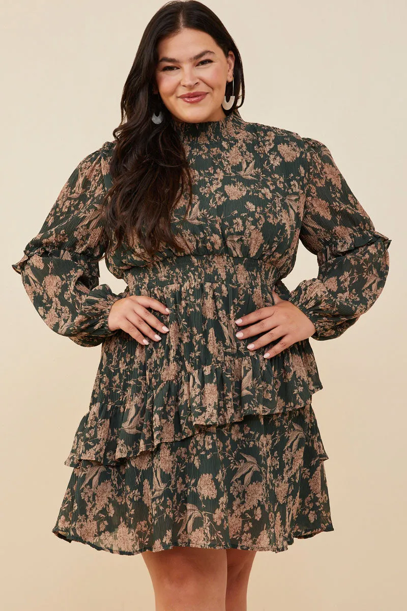 Timeless-Classic Graceful Ease Pleat Textured Antique Floral Ruffle Detail Dress