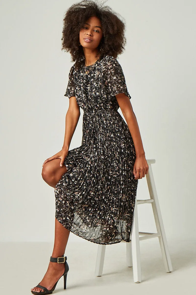 Pleated Floral Midi Dress Cozy Tones