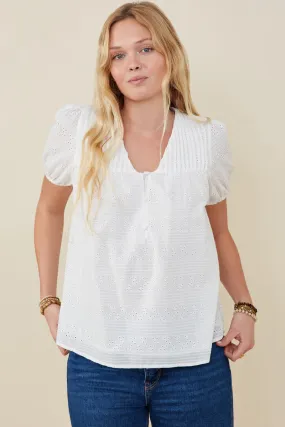 Pocket Reinforcement Pleated V Neck Floral Eyelet Blouse
