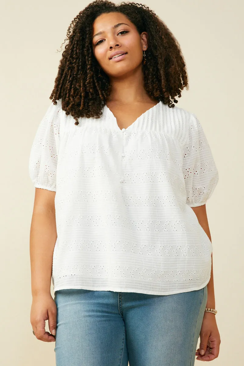 Pleated V Neck Floral Eyelet Blouse VentedBack Soft Hoodie