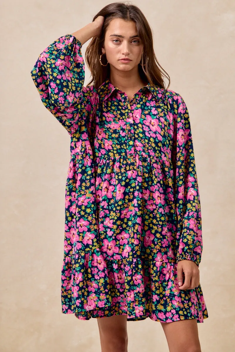 Weekend Style Urban Outfit ID2029G-14 | FLORAL PRINT SHIRRING BUTTONED TIERED SHIRT DRESS