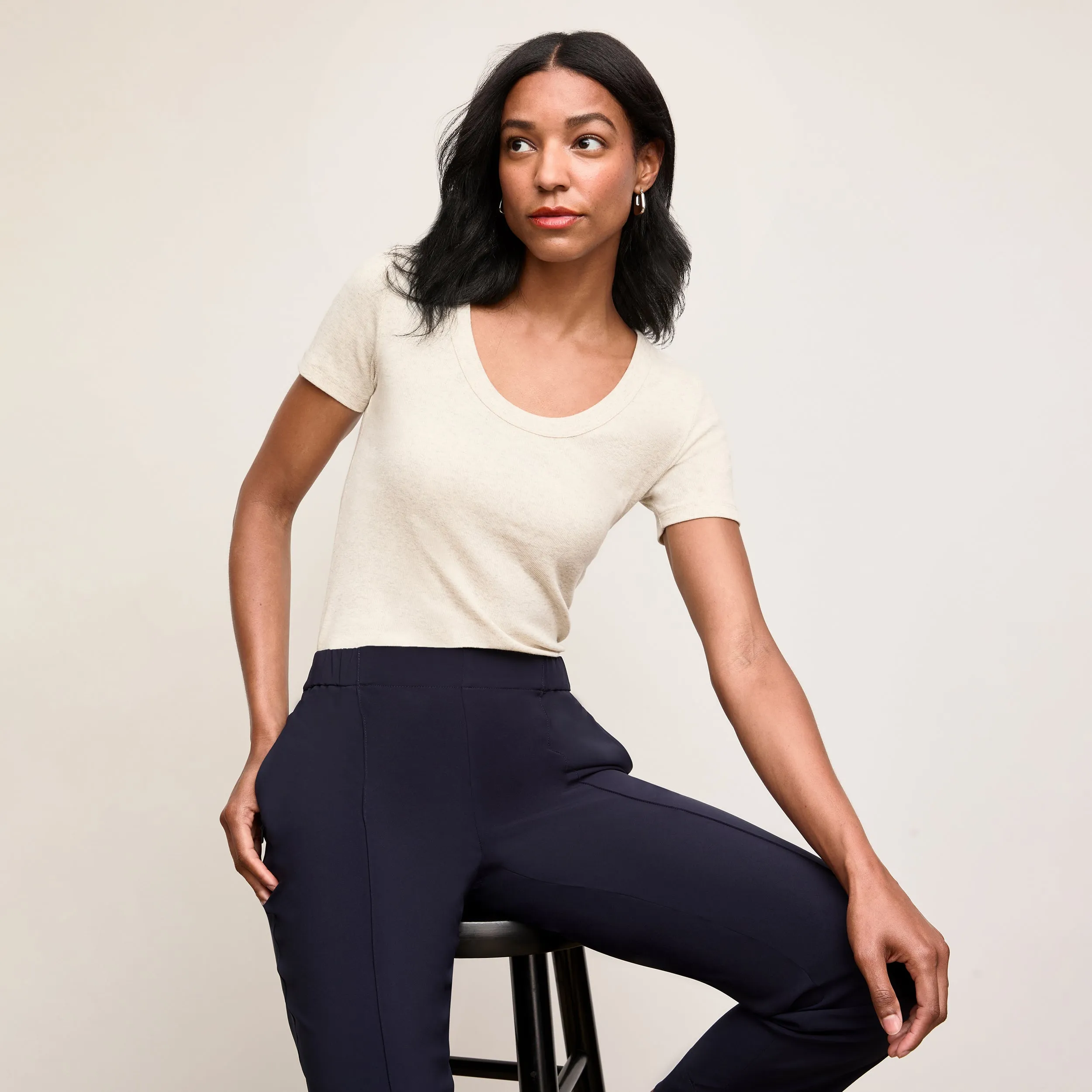 Avi Scoopneck T-Shirt - Organic Ribbed Pima Cotton :: Beige Melange Summer Style Casual Fashion