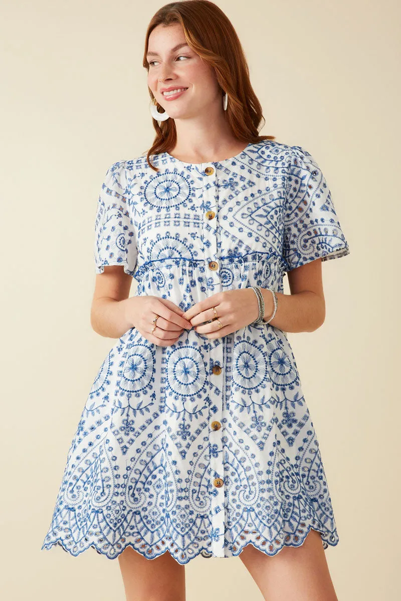 Eyelet Embroidered Button Down Scallop Hem Dress Night wear solo wear