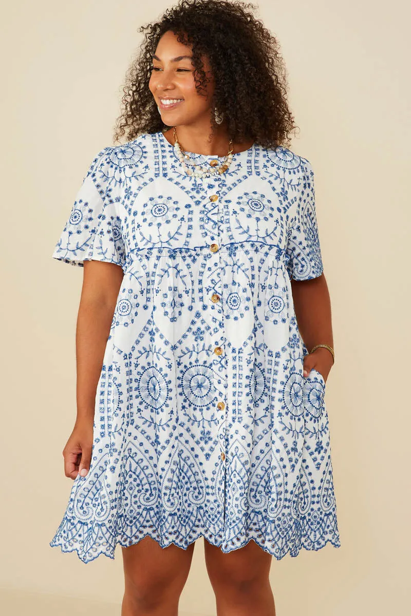 Eyelet Embroidered Button Down Scallop Hem Dress Semi Sheer