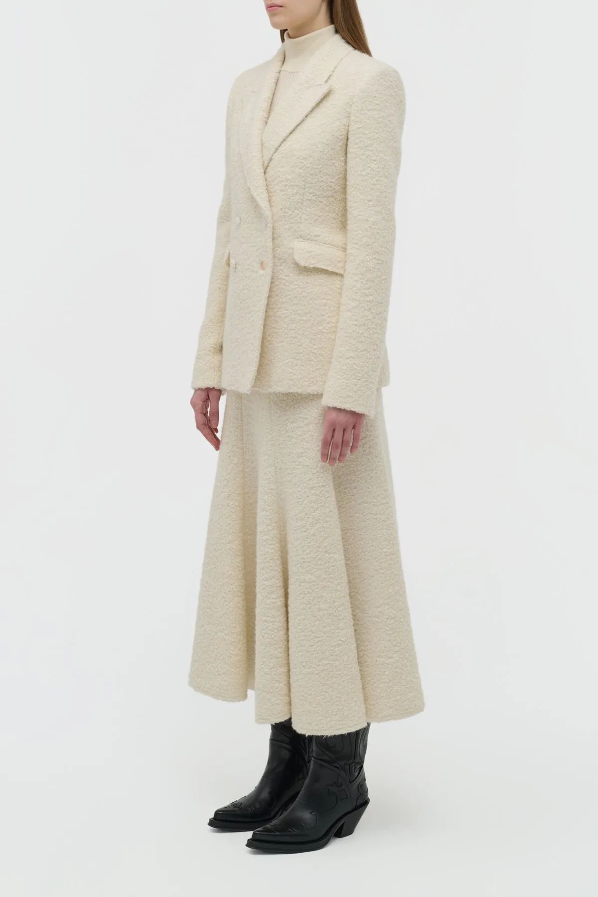 VersatileNeckline Wrinkle resistant fabric Stephanie Blazer in Ivory Recycled Cashmere Boucle