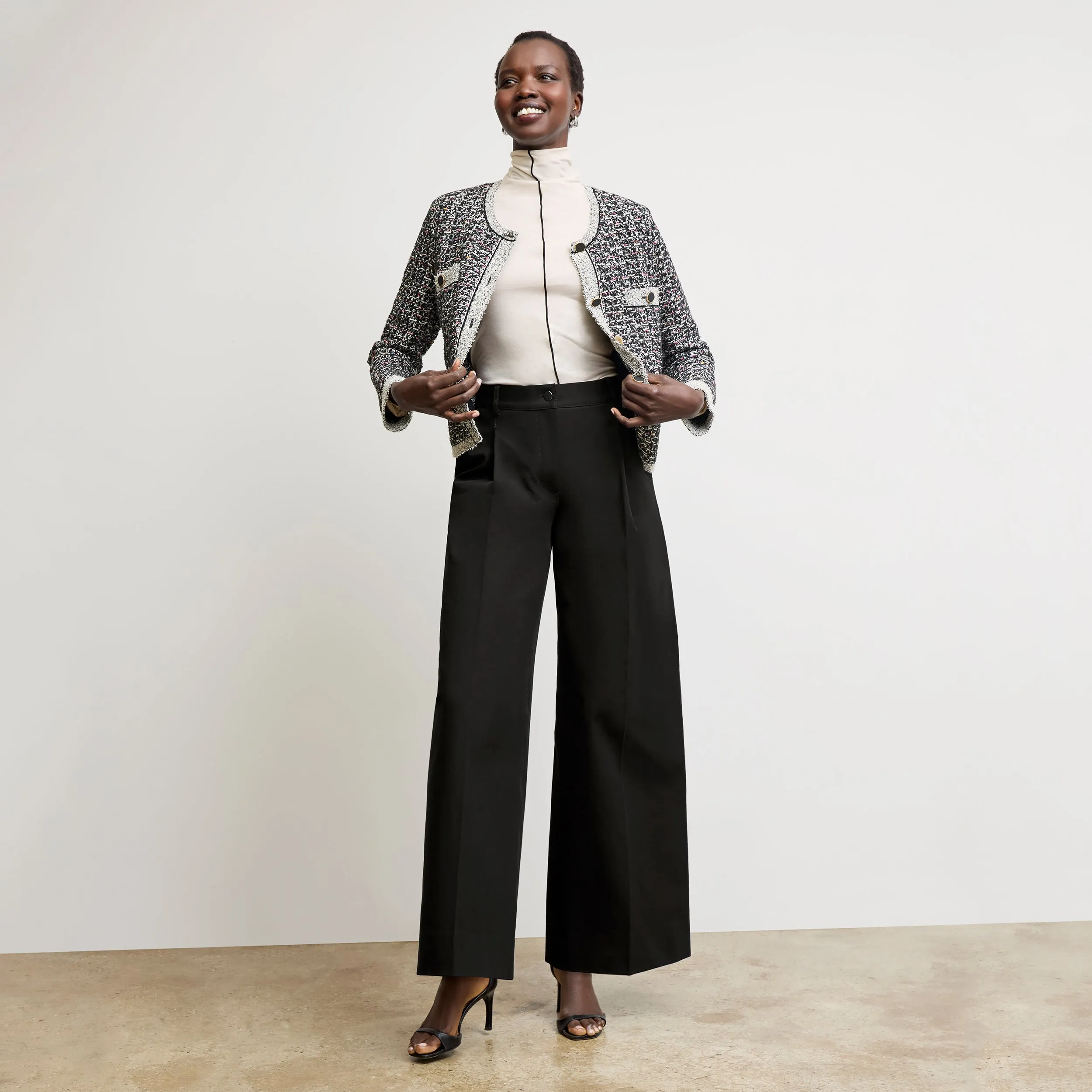 Double Stitched Seams Evangeline Lady Jardigan - Boucle Tweed Jardigan :: Black/White Eco Friendly Dye