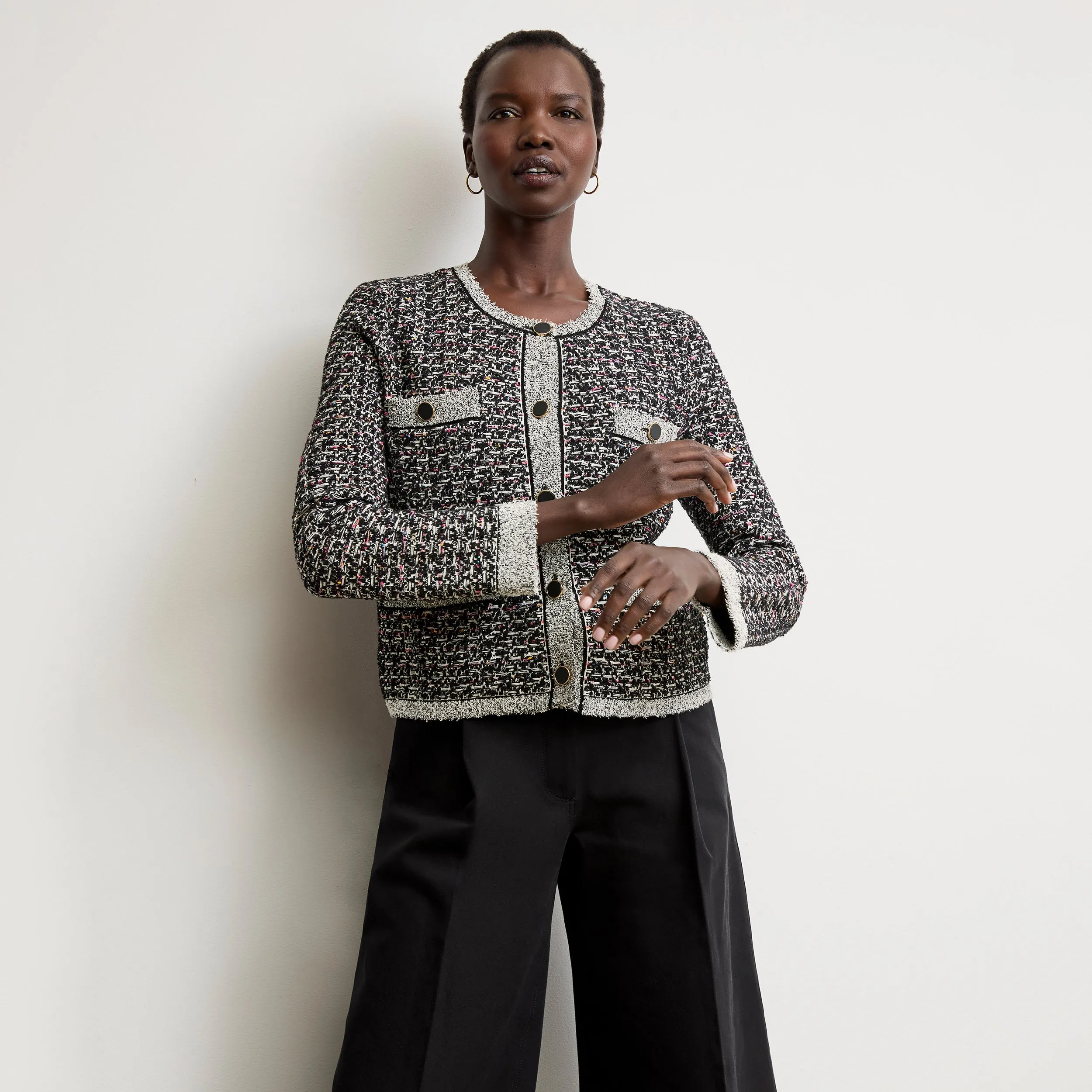 DropShoulder sporty wear Evangeline Lady Jardigan - Boucle Tweed Jardigan :: Black/White Eco Friendly Dye