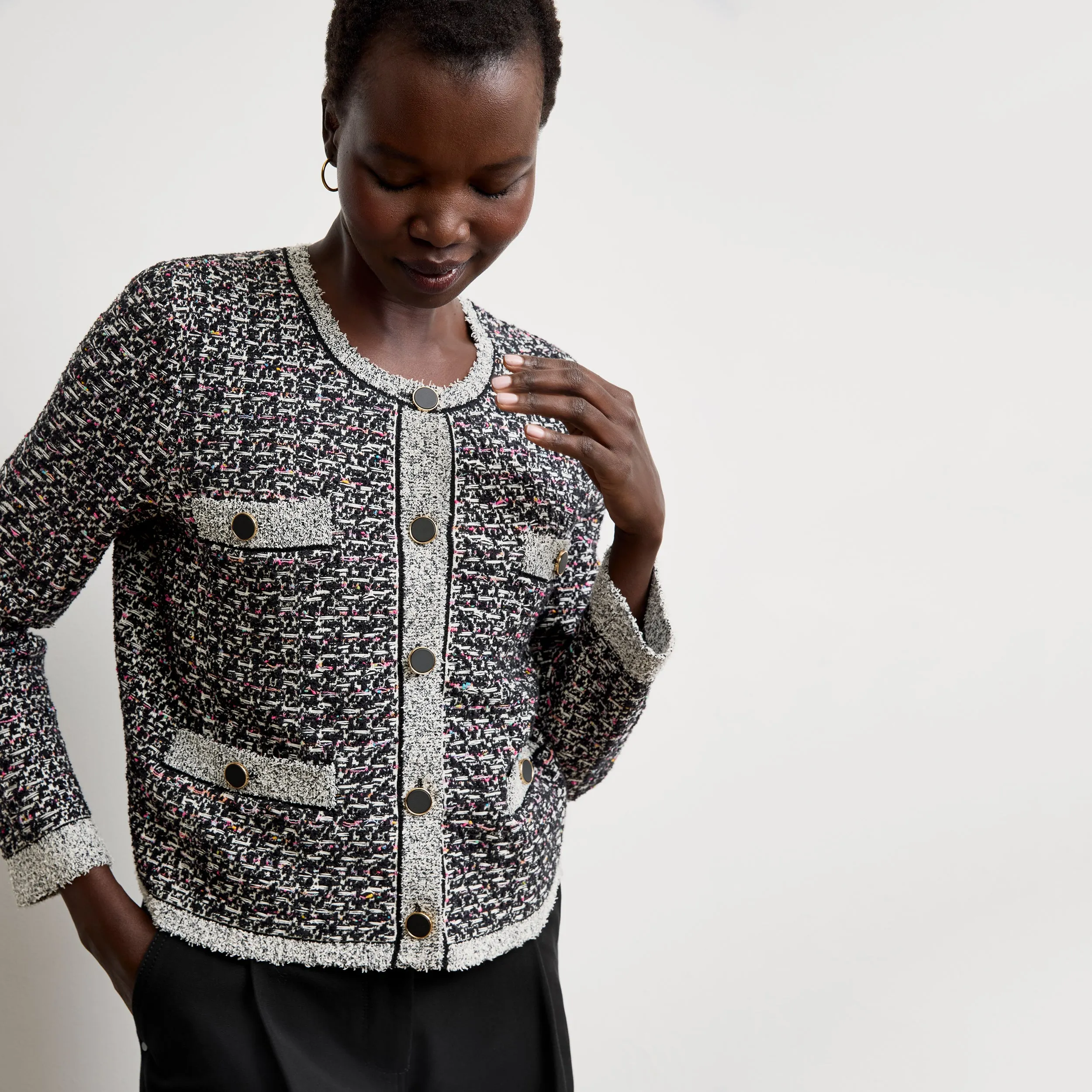 Evangeline Lady Jardigan - Boucle Tweed Jardigan :: Black/White LayeredDurability Tencel Lyocell Fiber