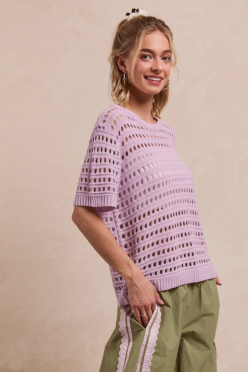 Layered Collar Breathable Lining IT1036G-01 | ROUND NECK OPEN KNIT SHORT SLEEVE COVER UP