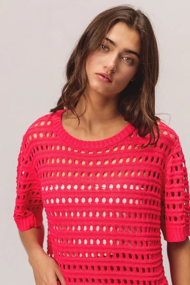 Modular Attachment Points IT1036G-01 | ROUND NECK OPEN KNIT SHORT SLEEVE COVER UP