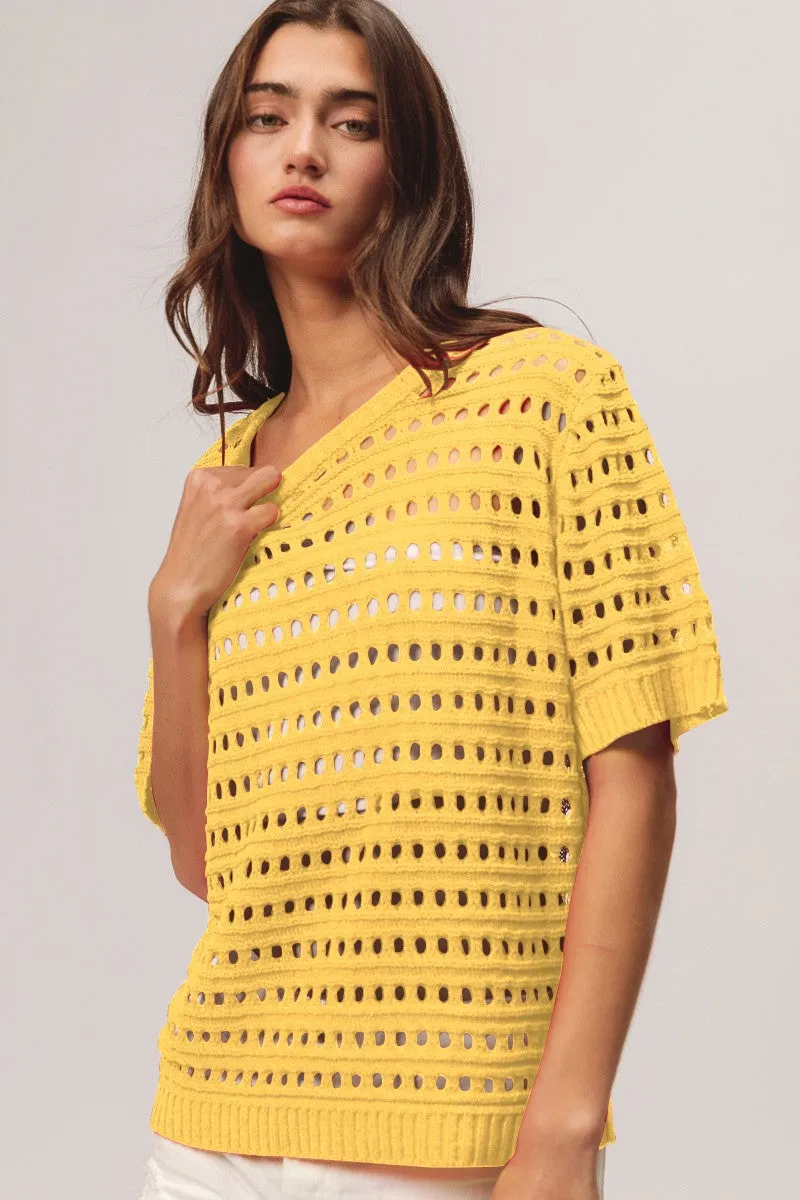 IT1036G-01 | ROUND NECK OPEN KNIT SHORT SLEEVE COVER UP Heat Sealed Zippers