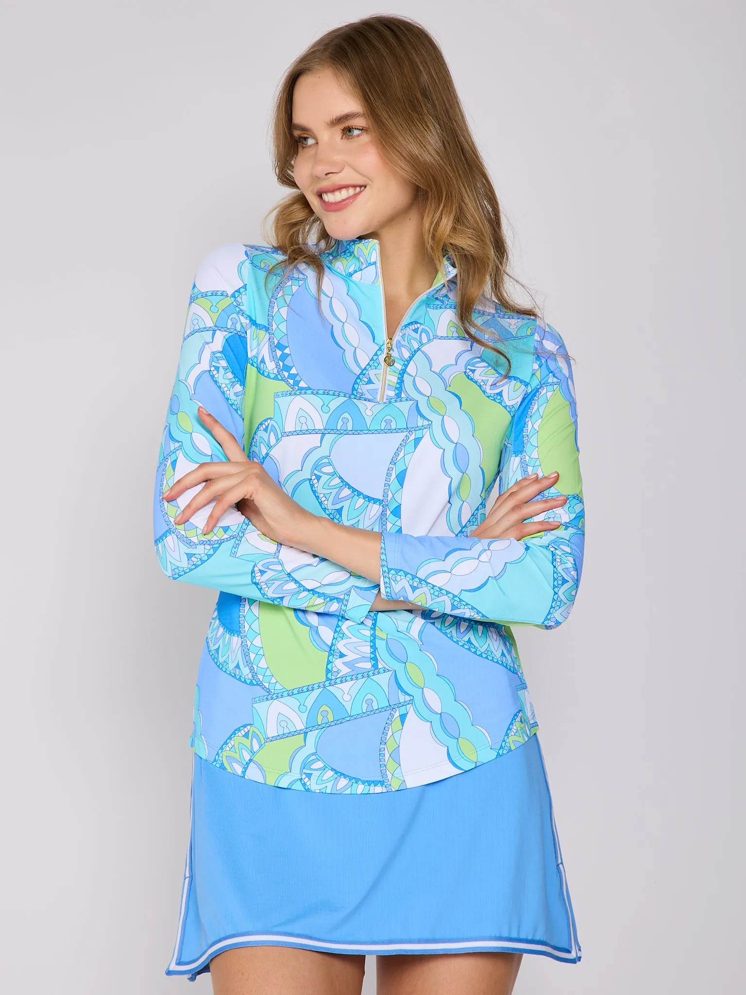 Comfort Cushion Neckline ReinforcedShoulderConstruction Quarter Zip Sun Protection Top In Monte Carlo Aqua Peri