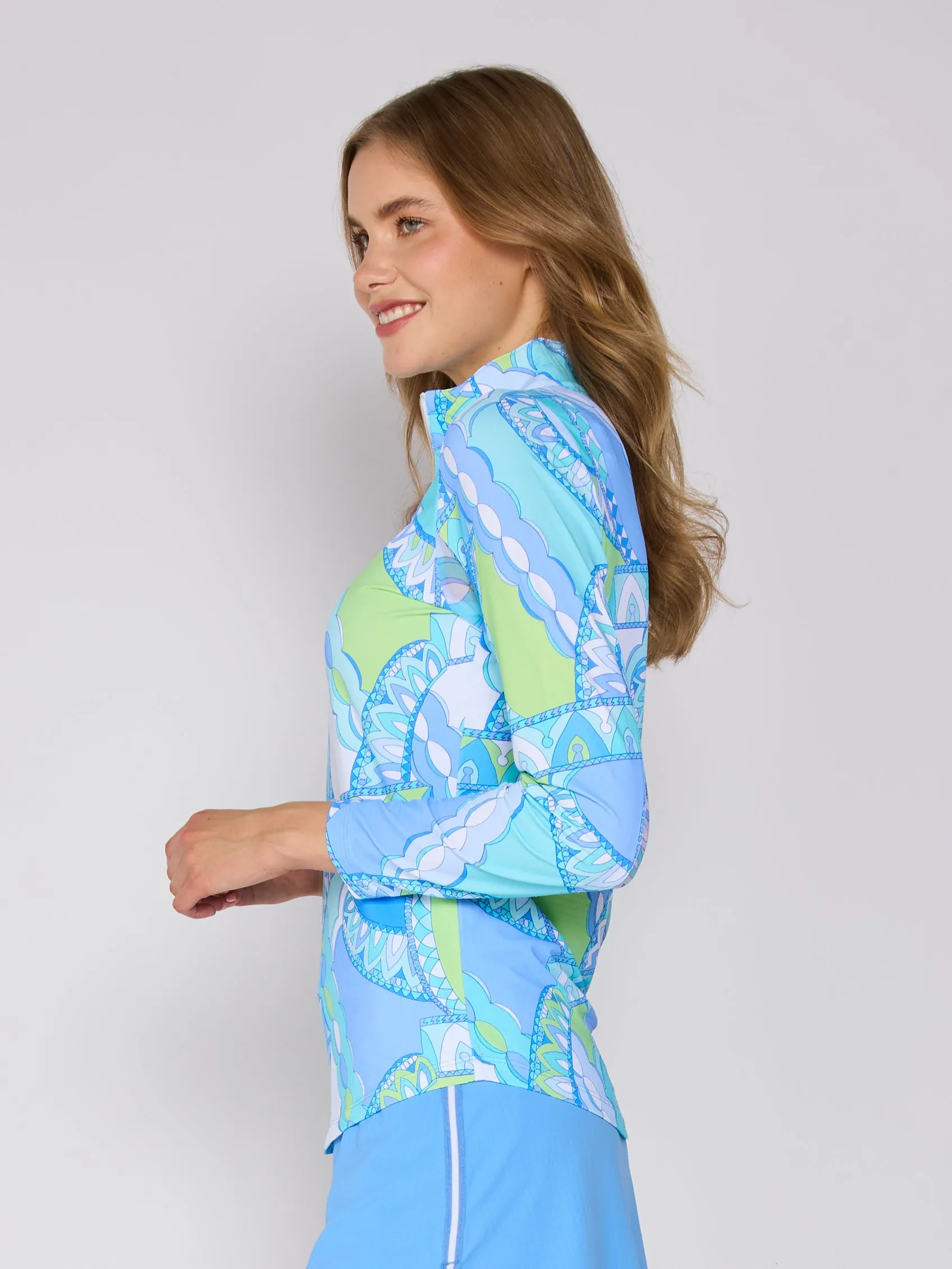 NonRestrictiveCut Quarter Zip Sun Protection Top In Monte Carlo Aqua Peri