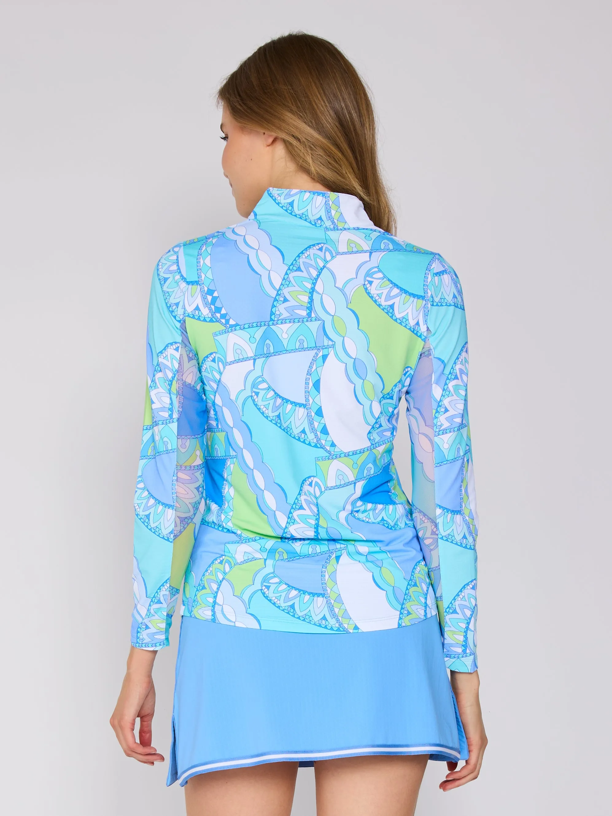 Quarter Zip Sun Protection Top In Monte Carlo Aqua Peri Odor Resistant Treatment