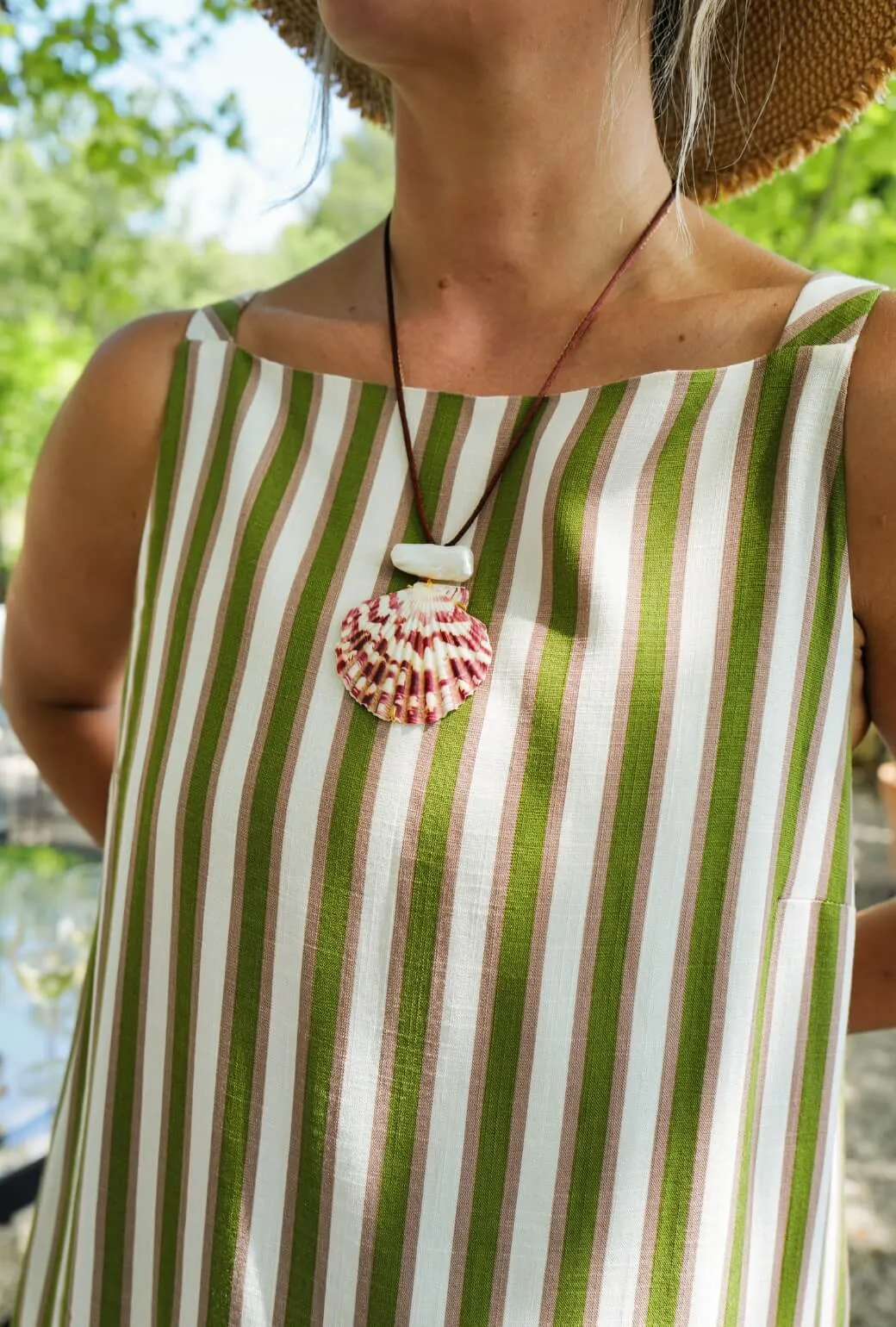 Buru x Megan Stokes The Megan MINI Dress - Green & Brown Stripe Flattering Drape FoldableFeature