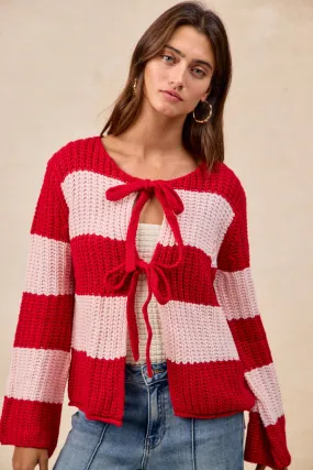 IT4322G-04 | STRIPES LOOSE GAUGE SWEATER TOP WITH BOW TIED A Line Cut