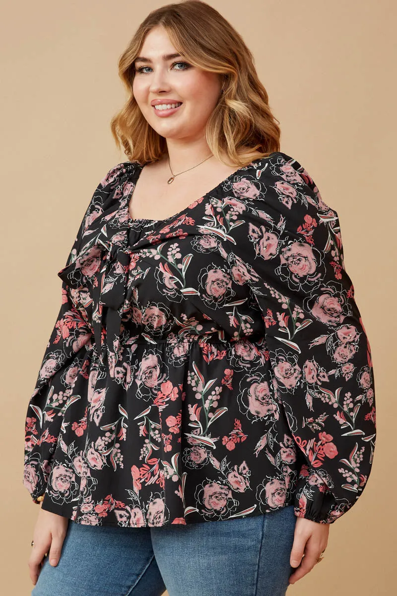 Floral Foliage Print Twist Front Peplum Top Sustainable Textile LowMaintenance Fabric