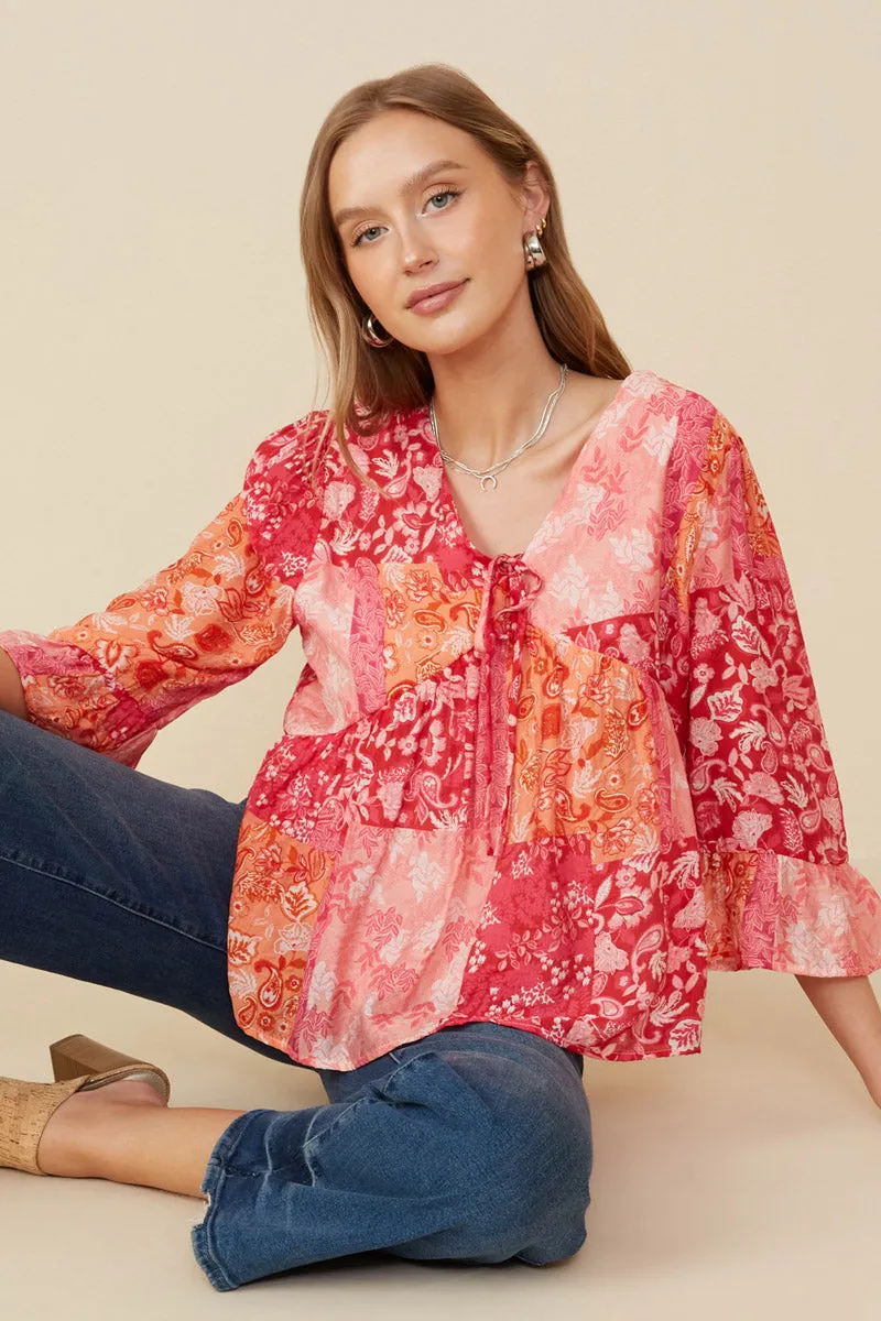 ReinforcedArmholes Print Blocked Cinch Sleeve Baby Doll Top
