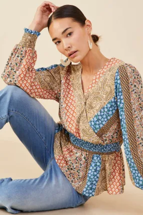 UltraFineMesh Print Blocked Smocked Waist Surplice Top