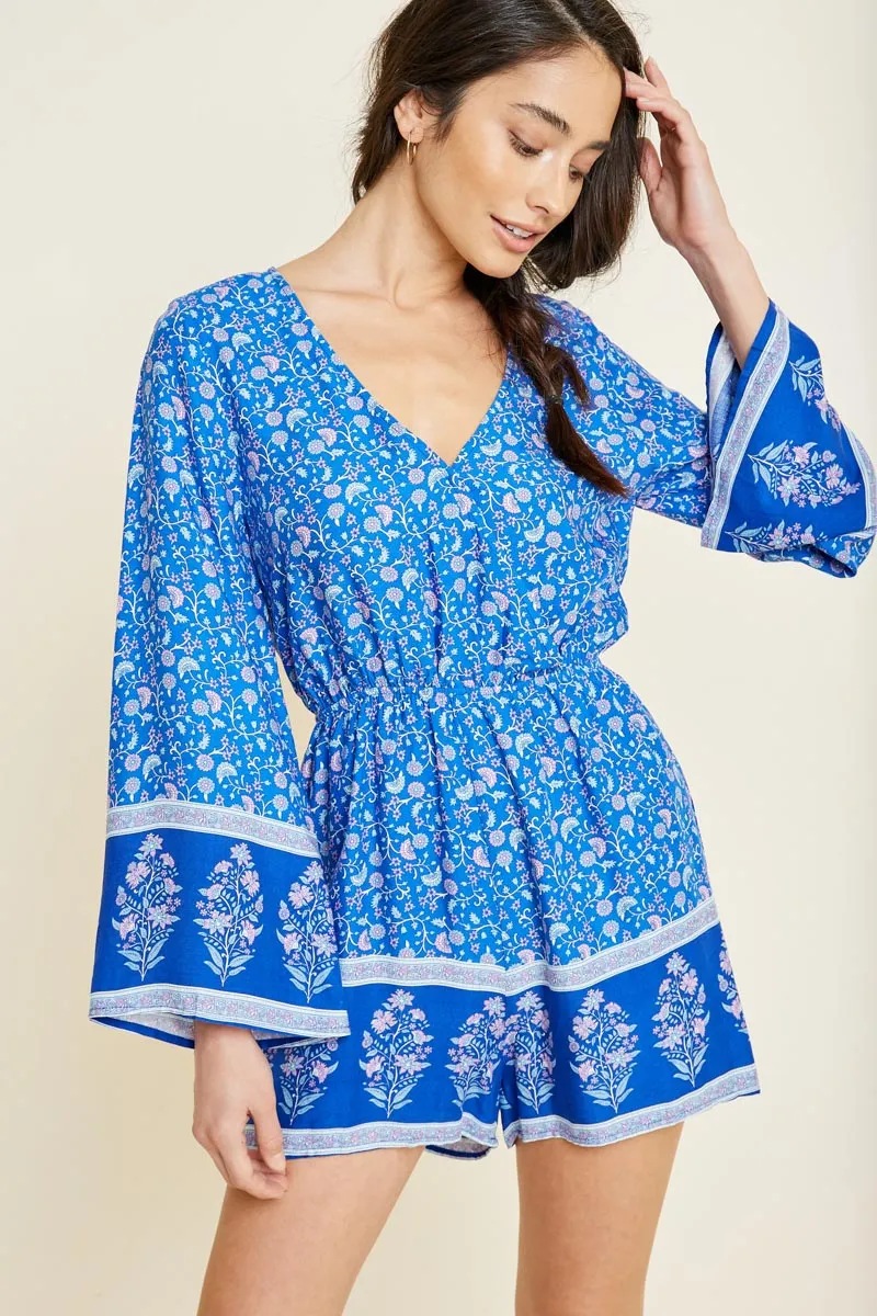 Beauty Zone Silky Surface Printed Floral Bell Sleeve Romper