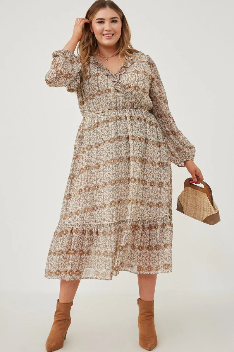 Chic Spirit Printed Long Sleeve Ruffled Surplice Dress