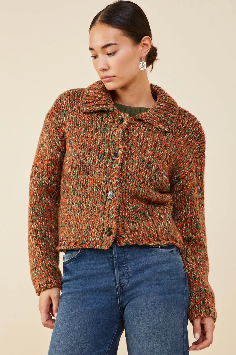 Multicolor Yarn Collared Button Sweater Cardigan Convertible Collar