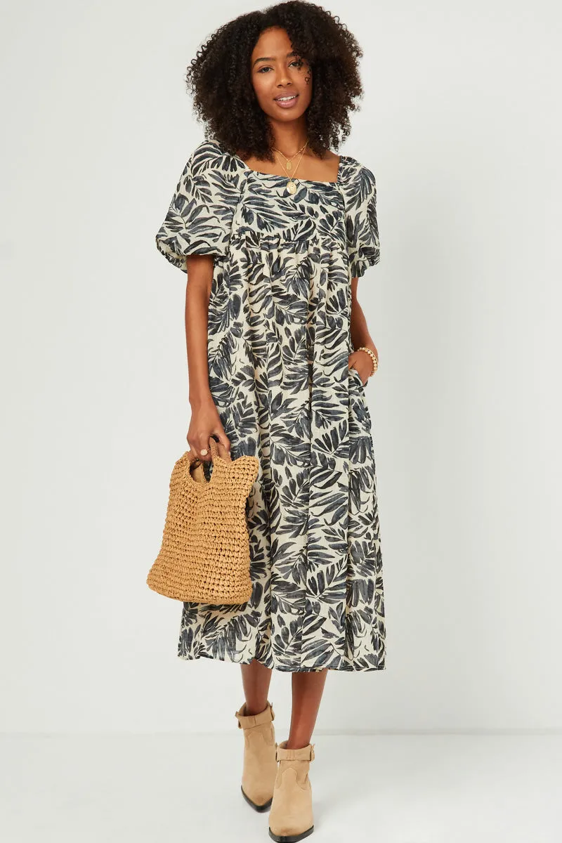 Vibrant Style Puff Sleeve Botanical Print Square Neck Maxi Dress