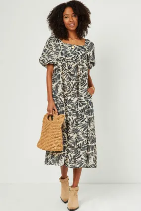 Water-resistant Puff Sleeve Botanical Print Square Neck Maxi Dress