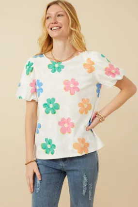 Puff Sleeve Daisy Floral Knit T Shirt Formal Tank Everyday Fashion