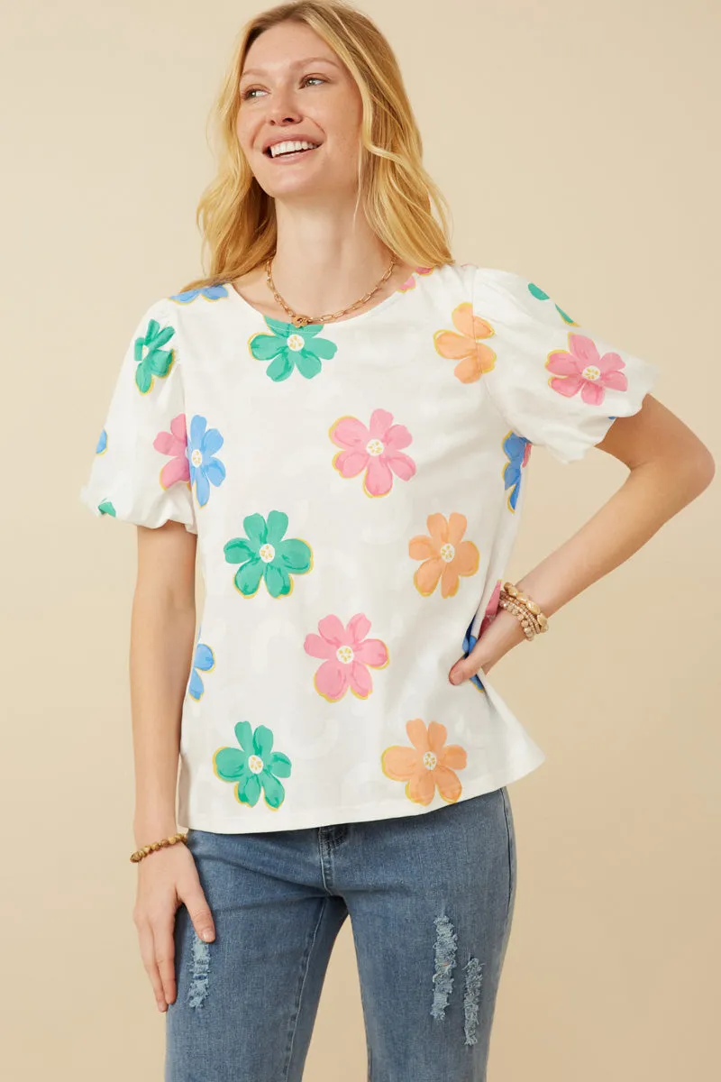 CrossBackDesign LowMaintenanceFabric Puff Sleeve Daisy Floral Knit T Shirt