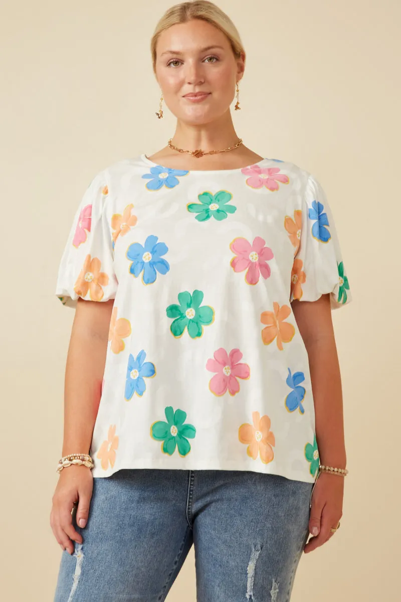 Soft Inner Lining Puff Sleeve Daisy Floral Knit T Shirt