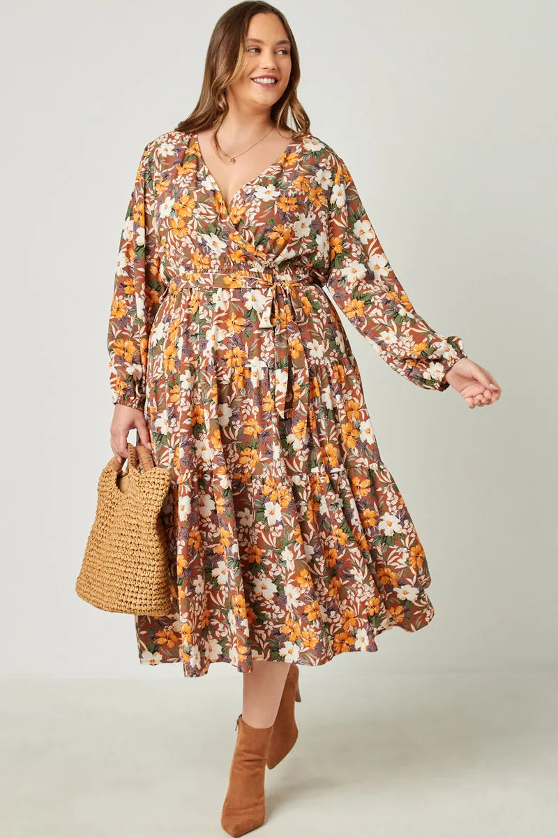 Puff Sleeve Floral Print Belted Surplice Dress Clean Vibe