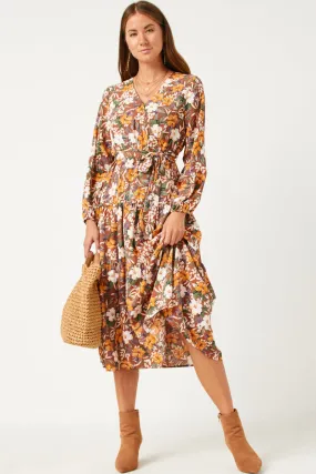 Fall Comfort Body Safe Puff Sleeve Floral Print Belted Surplice Dress